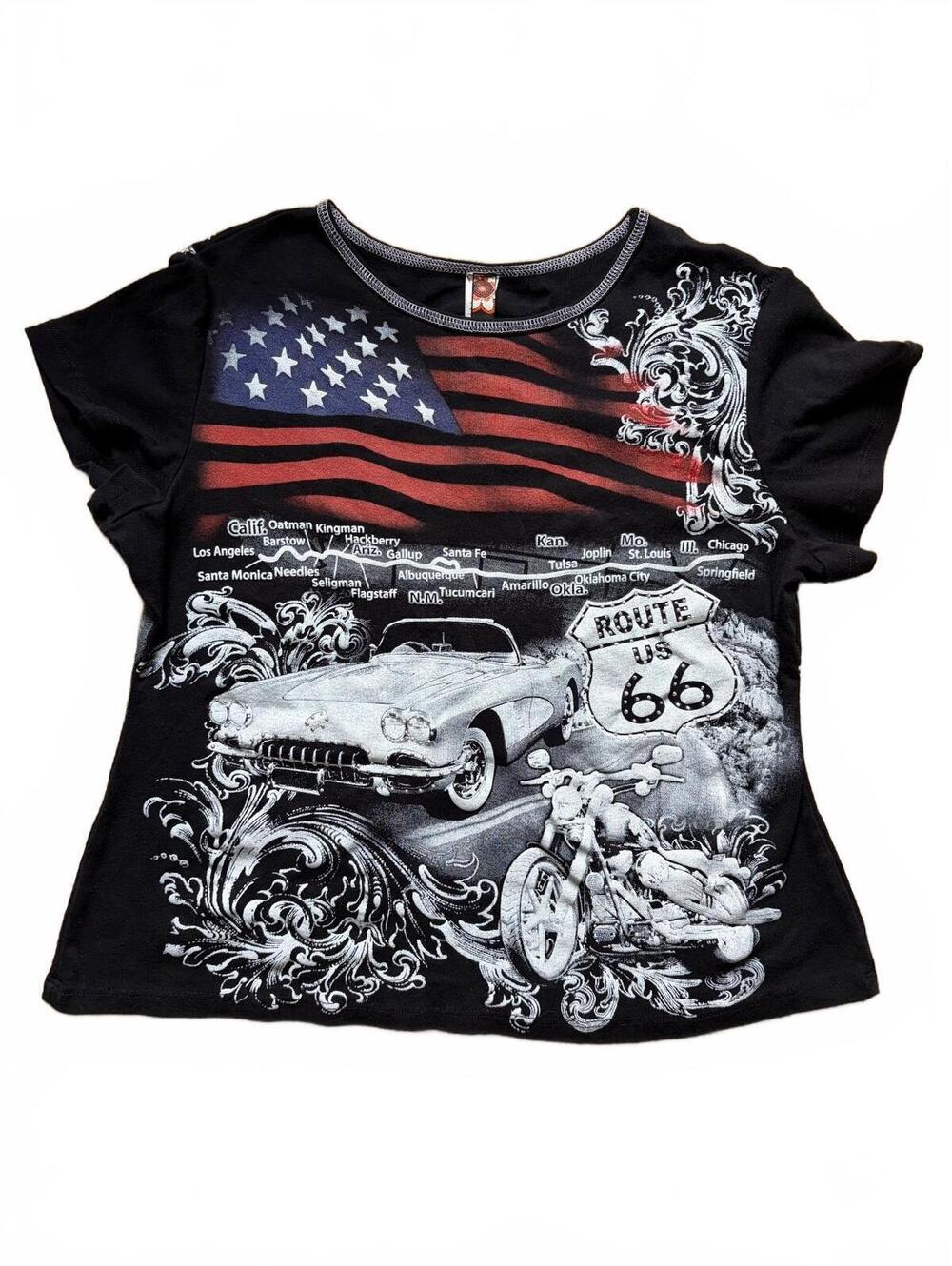 Vintage Big Bang T-Shirt Womens XL Black Route 66 USA Flag Motorcycle Classic